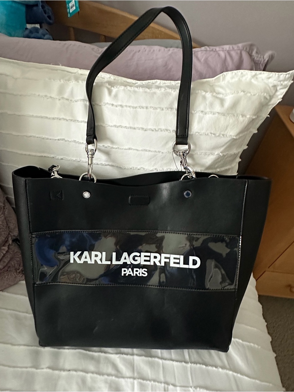 Karl Lagerfeld Black Logo Patent-Trim Tote
